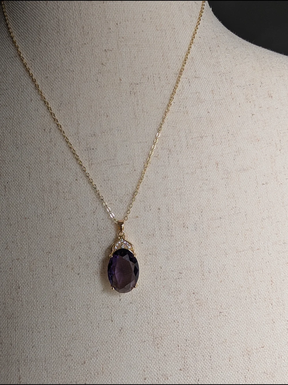 Gold Pendant Necklace with Deep Purple Oval Glass Gemstone - Picture 10 of 10